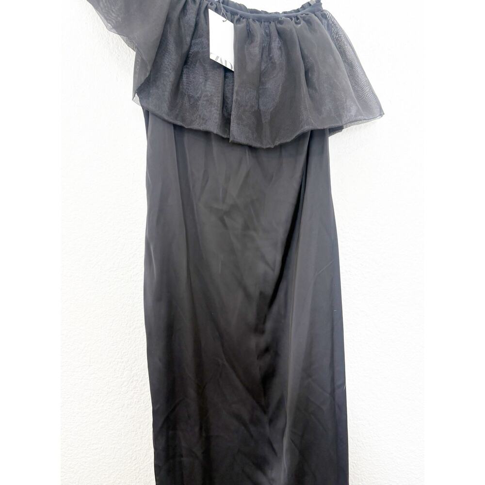 Zara Black Satin Midi Dress Organza Ruffle Puff Sleeve Medium 8779/462 NWT - Picture 9 of 13